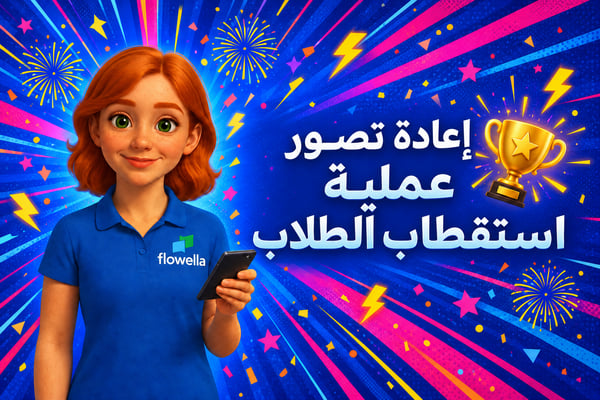 «فلو» من «فلوويلا» تحمل هاتفًا بجانب العنوان «إعادة تصور عملية تجنيد الطلاب» وكأسًا ذهبيًّا، احتفالًا بدور «واتساب» في تجنيد الطلاب الجامعيين