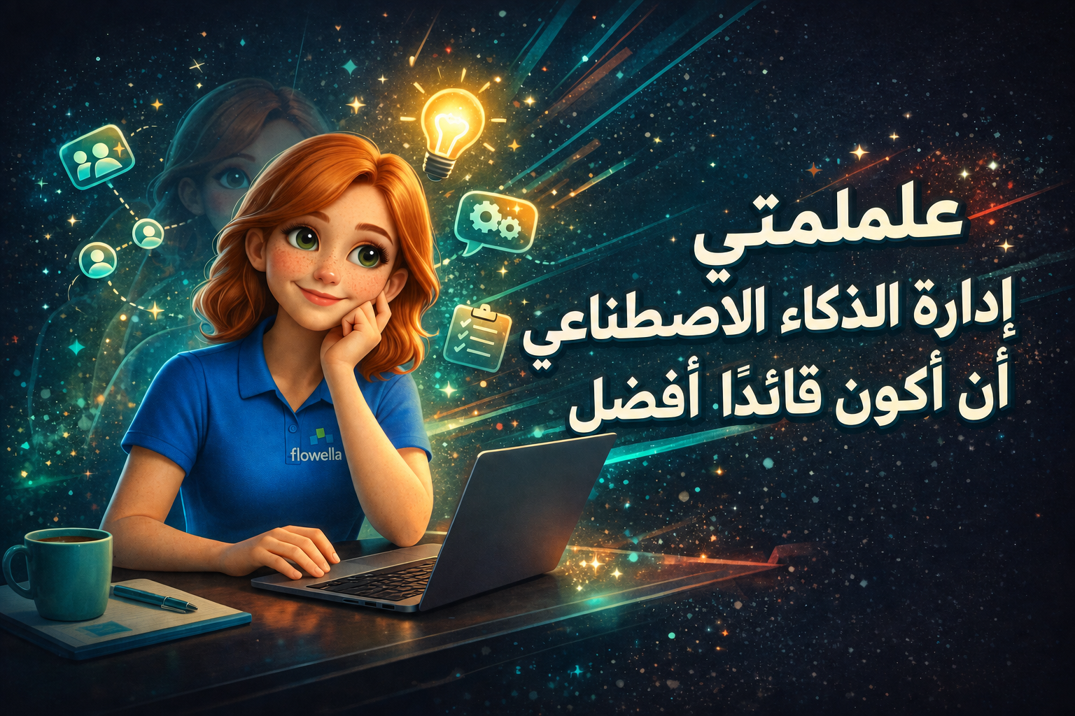 لقد علمتني إدارة الذكاء الاصطناعي كيف أكون قائدًا أفضل - شخصية «فلو» جالسة على مكتبها مع جهاز كمبيوتر محمول ورموز تتعلق بالقيادة