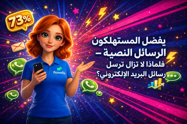 «فلو»، التميمة الرسمية لـ Flowella، تحمل هاتفًا ذكيًّا وتشير بإيماءة نحو العنوان «المستهلكون يفضلون الرسائل الفورية، فلماذا لا تزال ترسل رسائل البريد الإلكتروني؟»، مع فقاعة حوار صفراء مكتوب عليها «73%»، وأيقونات WhatsApp ومغلفات البريد الإلكتروني تطفو على خلفية متدرجة بألوان زاهية من الأزرق إلى الوردي