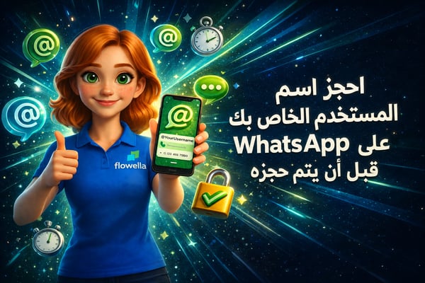 احجز اسم المستخدم الخاص بك على WhatsApp Business قبل أن يتم حجزه: «فلو» وهي تحمل هاتفًا يظهر عليه اسم مستخدم يبدأ بـ @