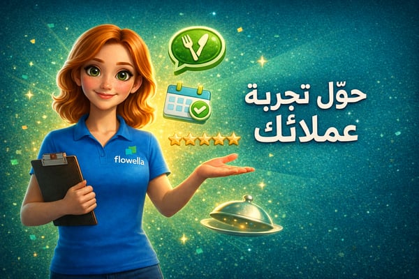 «فلو»، شخصية «فلوويلا» الترويجية، تحمل لوحًا وتشير بإيماءة نحو العنوان «حوّل تجربة عملائك»، مع أيقونات لمطعم و«تدفقات WhatsApp» تطفو حولها على خلفية لامعة باللون الأزرق المخضر.