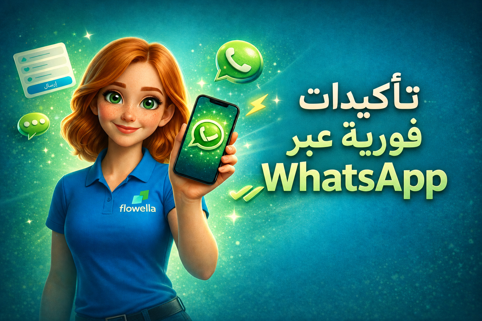 «فلو» من «فلوويلا» وهي تحمل هاتفًا يُظهر رسالة تأكيد فورية من «هوبسبوت» عبر «واتساب» تم إرسالها بعد إرسال نموذج