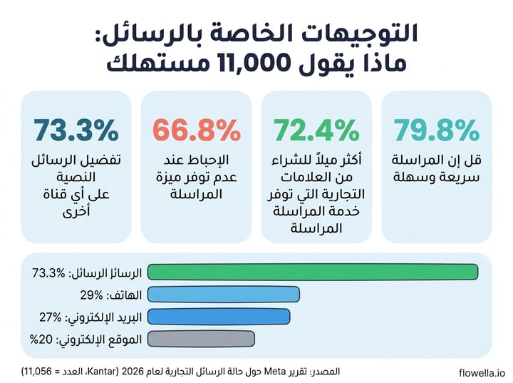 رسم بياني يوضح الإحصائيات الرئيسية من تقرير Meta بعنوان «حالة المراسلة التجارية لعام 2026»، بما في ذلك أن 73.3% يفضلون المراسلة، و66.8% يشعرون بالإحباط عند عدم توفر خدمة المراسلة، و72.4% أكثر ميلاً للشراء، و79.8% يقولون إن المراسلة سريعة وسهلة