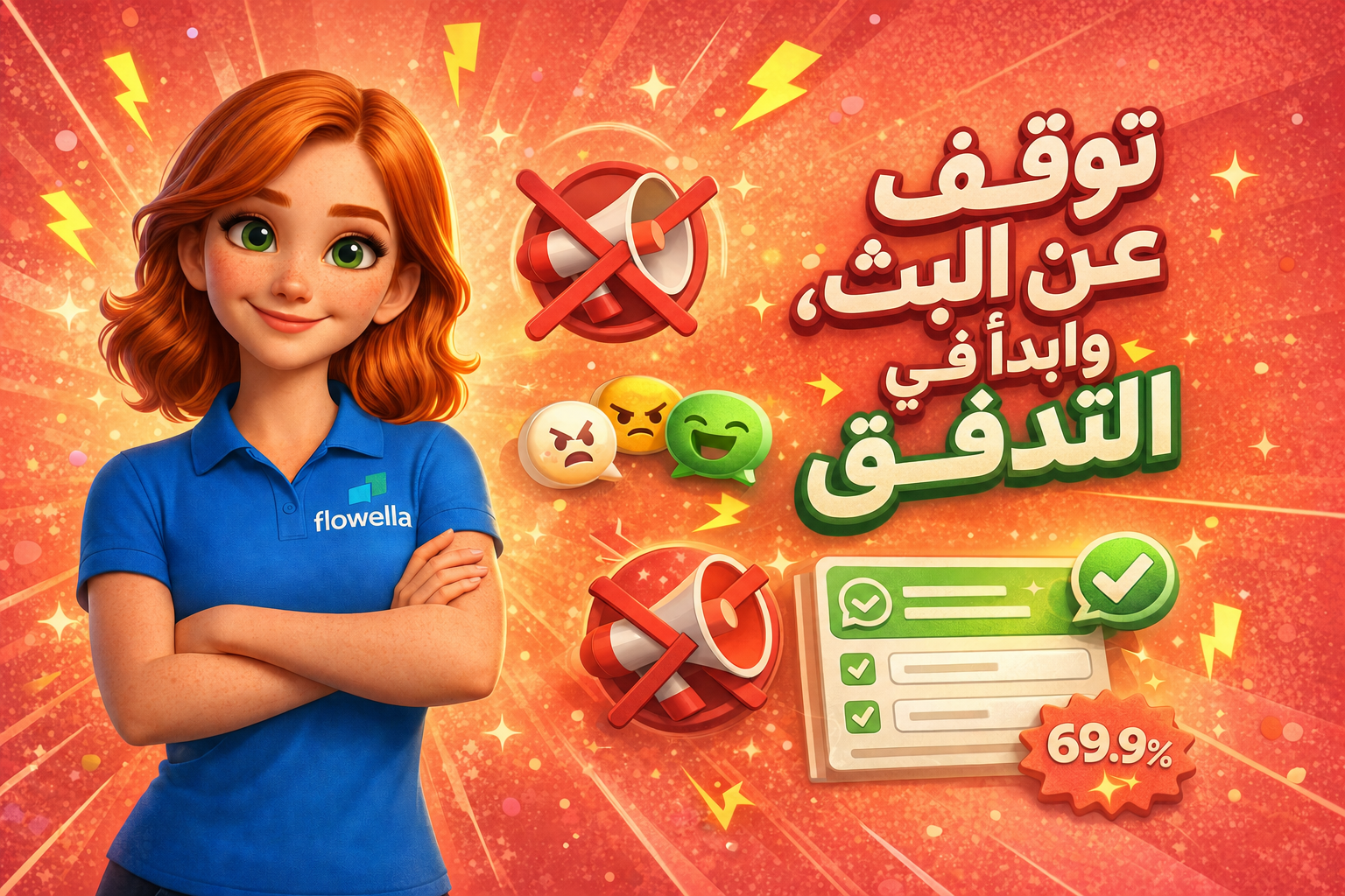 شخصية «فلو» وهي تقف بذراعيها متقاطعتين بجانب النص «أوقف البث، ابدأ التدفق» على خلفية مرجانية، مع مكبر صوت مشطوب وعناصر نموذج «WhatsApp Flow»