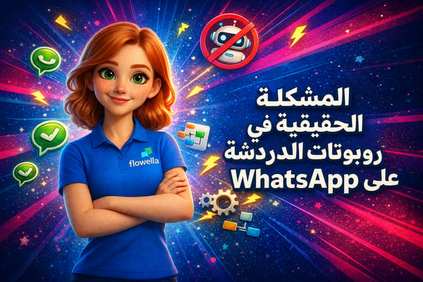 «فلو»، شخصية «فلوويلا» الترويجية، تقف بثقة وذراعيها متقاطعتان بجانب العنوان «المشكلة الحقيقية في روبوتات الدردشة على واتساب»، مع أيقونات روبوتات الدردشة وواتساب تحوم حولها