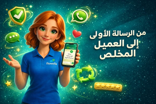 «فلو»، الشخصية الترويجية لـ«فلوويلا»، وهي تحمل هاتفًا يعرض محادثة على «واتساب» تحمل علامة التحقق، محاطةً بشارة الثقة، وأيقونة «واتساب»، وحلقة الولاء، وتقييم خمس نجوم، مع عنوان «من الرسالة الأولى إلى العميل المخلص» على خلفية باللون الأزرق المخضر