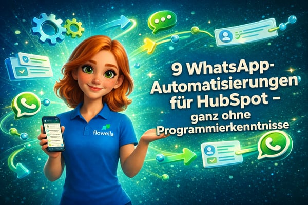 Flo, das Maskottchen von Flowella, hält ein Smartphone mit einem WhatsApp-Chat in der Hand und ist umgeben von 3D-Zahnrädern, Workflow-Pfeilen und CRM-Karten, daneben steht die Überschrift „9 No-Code-WhatsApp-Automatisierungen für HubSpot“