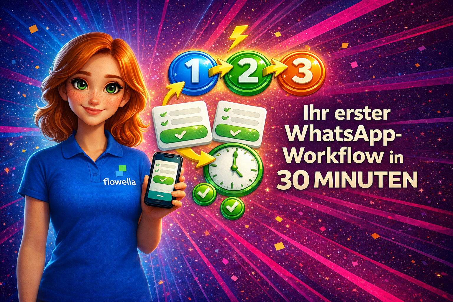 Flo, das Maskottchen von Flowella, hält ein Smartphone in der Hand, auf dessen Bildschirm ein WhatsApp-Flow-Formular zu sehen ist, mit drei nummerierten Workflow-Schritt-Symbolen, die durch Pfeile verbunden sind, einer 30-Minuten-Uhr, Formularkarten und grünen Häkchen vor einem leuchtenden Hintergrund mit einem Farbverlauf von Blau nach Rosa