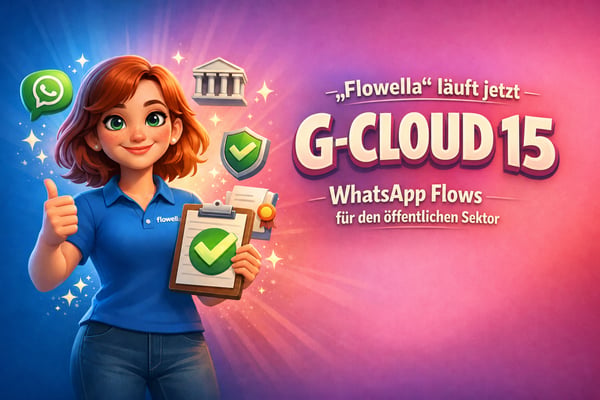 Flo, das Maskottchen von Flowella, zeigt den Daumen nach oben und hält ein Klemmbrett in der Hand, auf dem neben den Worten „Flowella ist jetzt auf G-Cloud 15“ ein grünes Häkchen zu sehen ist: WhatsApp Flows für den öffentlichen Sektor