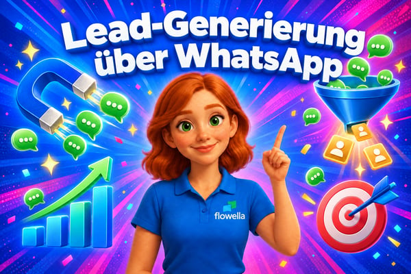 Flo von Flowella zeigt auf die Überschrift „WhatsApp Lead Generation“, umgeben von einem Magneten, einem Trichter und Sprechblasen, die sich in Leads verwandeln