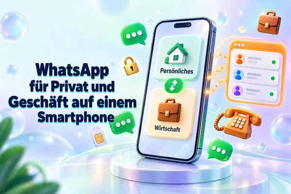 Personal and business WhatsApp on the same phone: a smartphone switching between Personal and Business accounts next to a shared team inbox