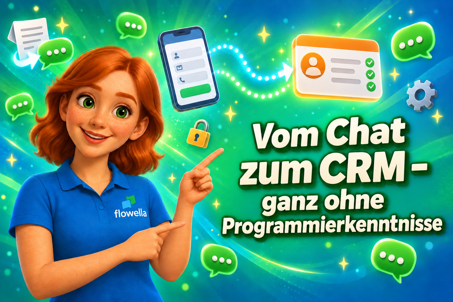 Flo von Flowella zeigt auf die Überschrift „Vom Chat zum CRM“, wobei ein WhatsApp Flow-Formular mit einer HubSpot-Kontaktkarte synchronisiert wird