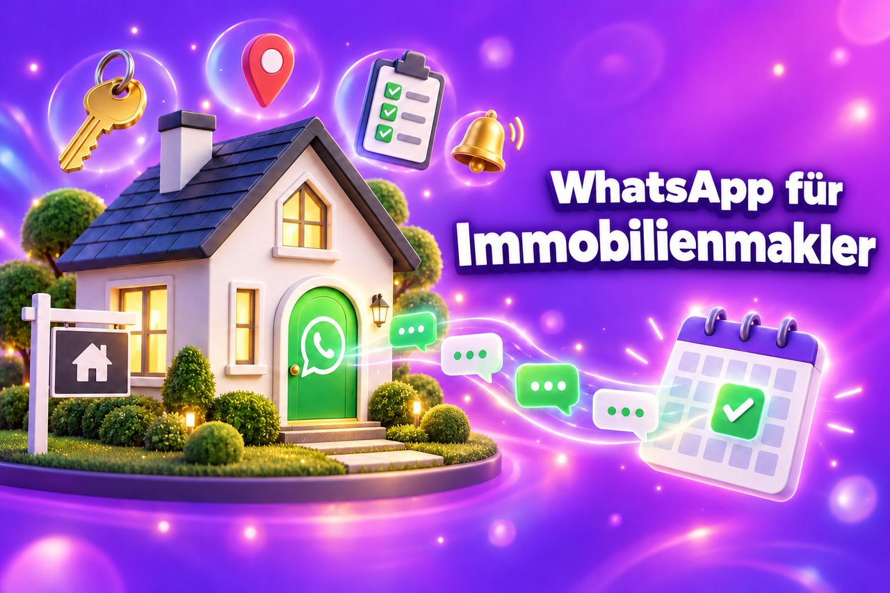 WhatsApp für Immobilienmakler: Ein 3D-Haus mit einer WhatsApp-Chat-Tür, über die Nachrichten an einen Kalender für vereinbarte Besichtigungstermine gesendet werden