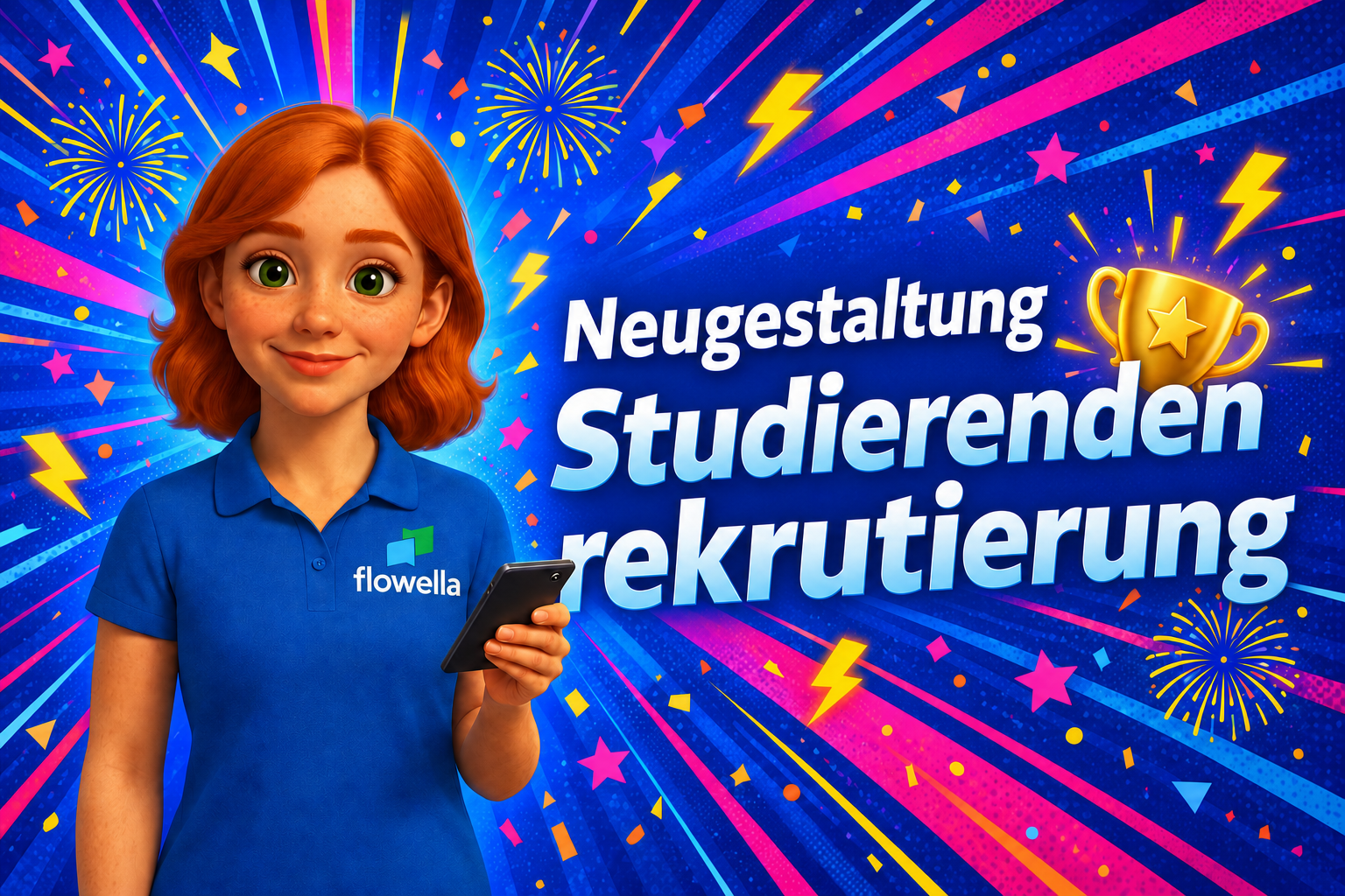 Flo von Flowella hält neben der Überschrift „Re-Imagining Student Recruitment“ ein Handy und eine goldene Trophäe in der Hand und feiert damit den Einsatz von WhatsApp für die Studentenwerbung