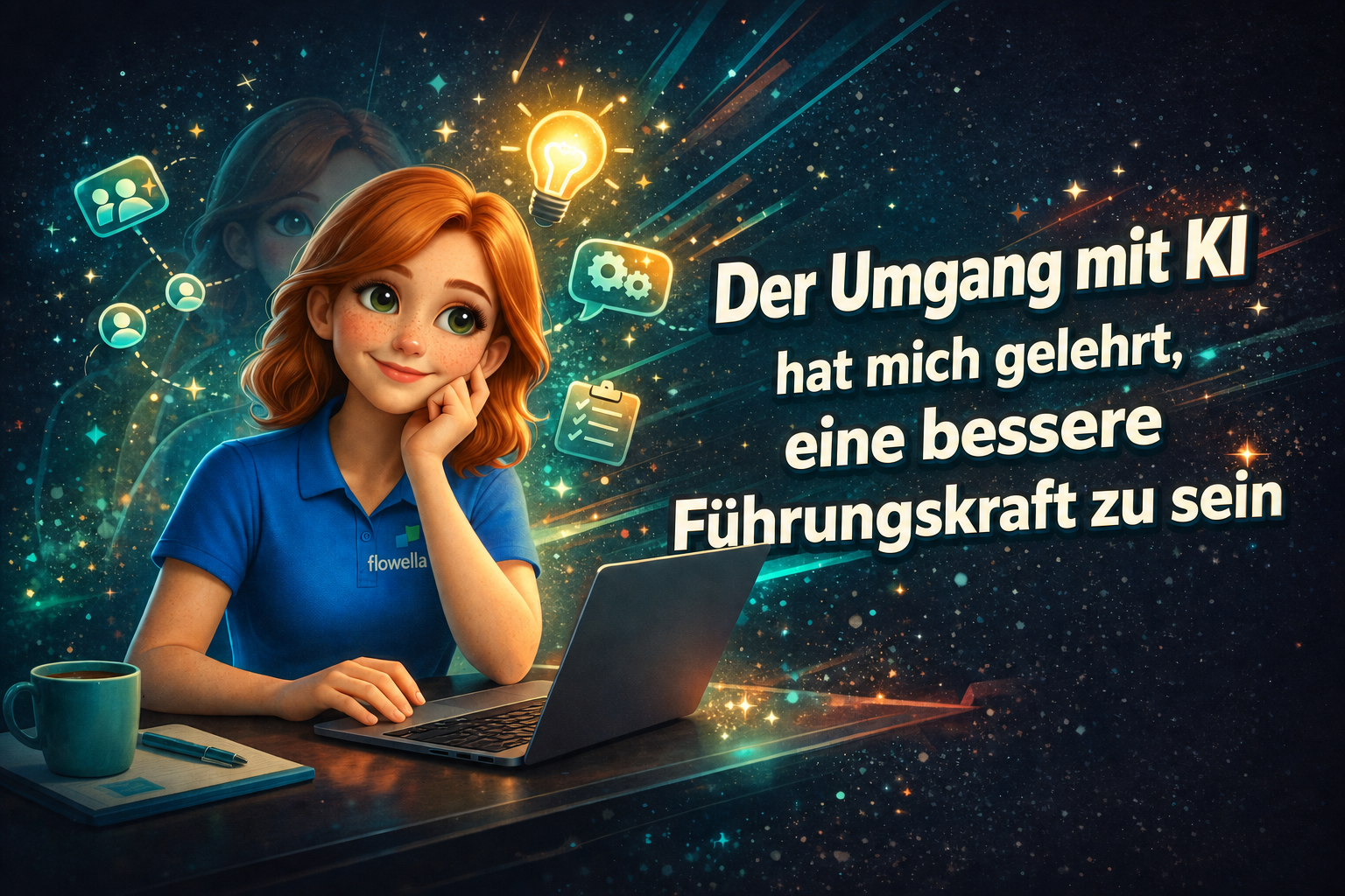Die Verwaltung von KI hat mich gelehrt, eine bessere Führungskraft zu sein - Flo-Figur am Schreibtisch mit Laptop und Führungssymbolen