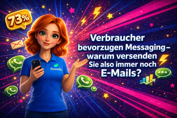 Flo, das Maskottchen von Flowella, hält ein Smartphone in der Hand und deutet auf den Titel „Verbraucher bevorzugen Messaging – warum versendest du dann immer noch E-Mails?“, begleitet von einer gelben Sprechblase mit der Angabe „73 %“, WhatsApp-Symbolen und E-Mail-Umschlägen, die vor einem leuchtenden Hintergrund mit einem Farbverlauf von Blau nach Rosa schweben.