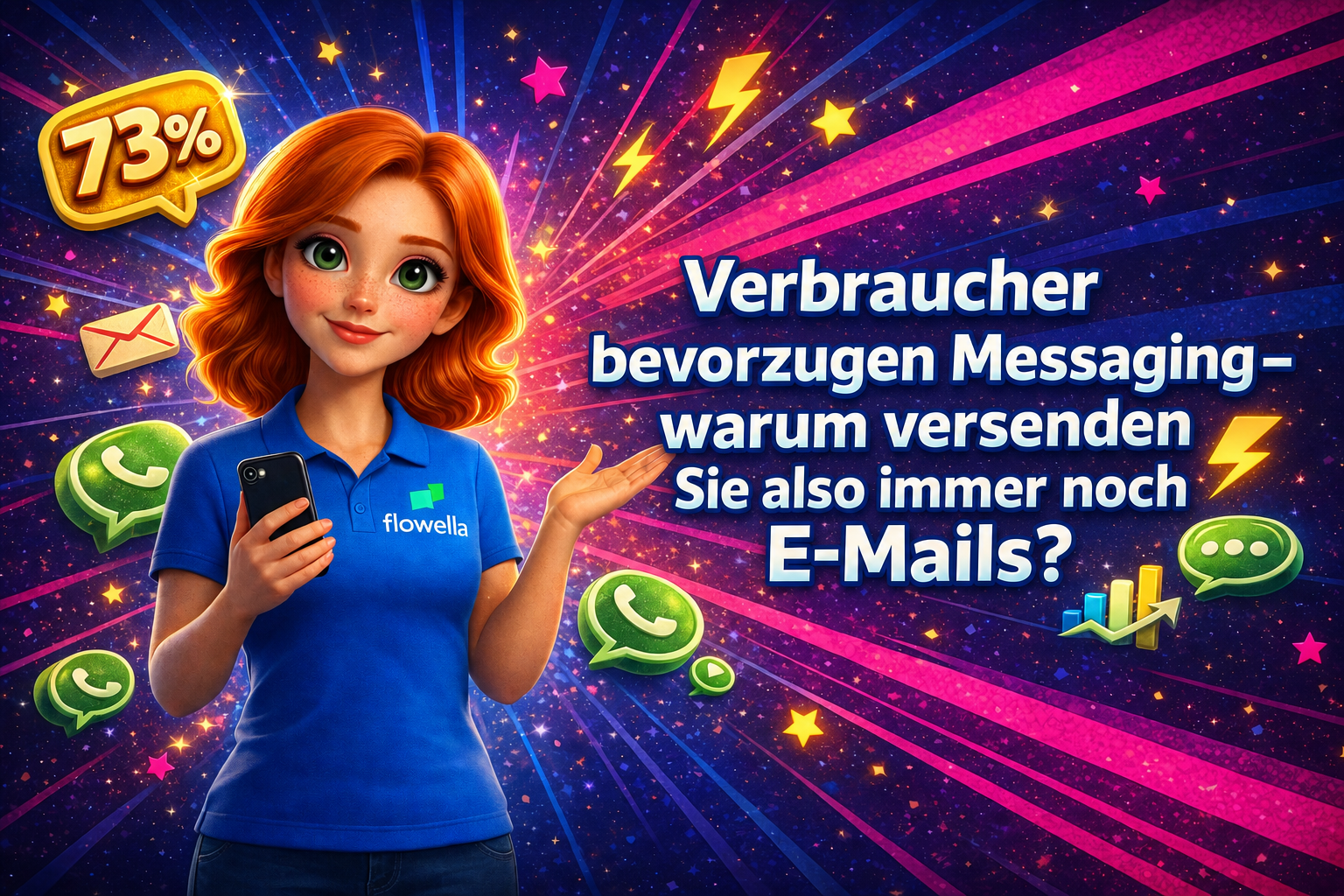 Flo, das Maskottchen von Flowella, hält ein Smartphone in der Hand und deutet auf den Titel „Verbraucher bevorzugen Messaging – warum versendest du dann immer noch E-Mails?“, begleitet von einer gelben Sprechblase mit der Angabe „73 %“, WhatsApp-Symbolen und E-Mail-Umschlägen, die vor einem leuchtenden Hintergrund mit einem Farbverlauf von Blau nach Rosa schweben.
