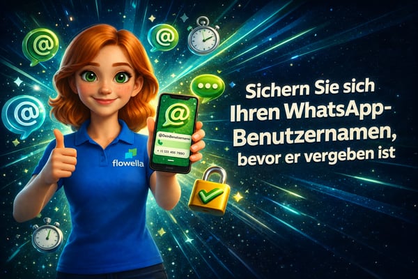 Sichern Sie sich Ihren WhatsApp Business-Benutzernamen, bevor er vergeben wird: Flo hält ein Handy in der Hand, auf dem ein @-Handle zu sehen ist