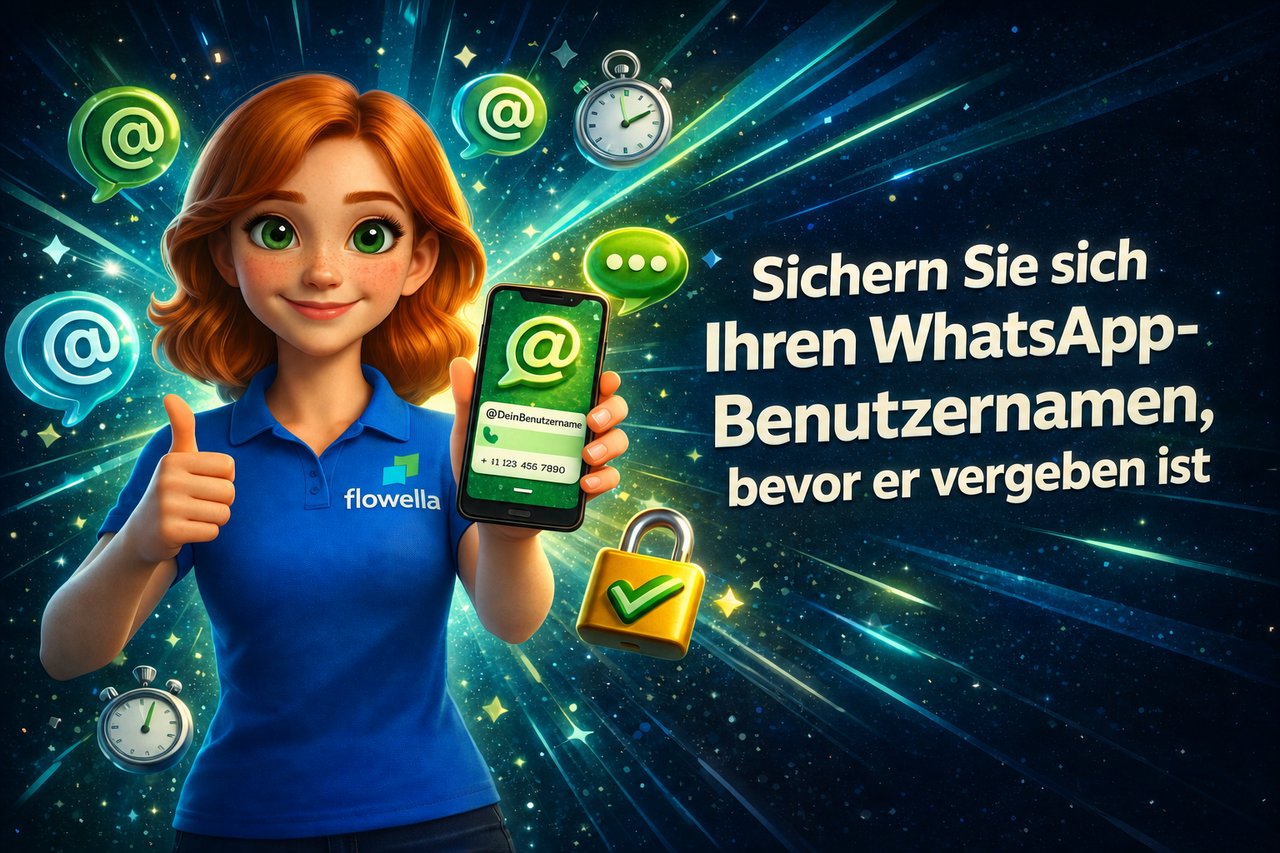Sichern Sie sich Ihren WhatsApp Business-Benutzernamen, bevor er vergeben wird: Flo hält ein Handy in der Hand, auf dem ein @-Handle zu sehen ist