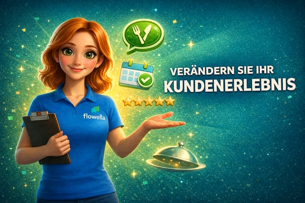 Flo, das Maskottchen von Flowella, hält ein Klemmbrett in der Hand und deutet auf den Titel „Transform Your Customer Experience“, während Restaurant- und WhatsApp-Flows auf einem türkisfarbenen, funkelnden Hintergrund um sie herum schweben.