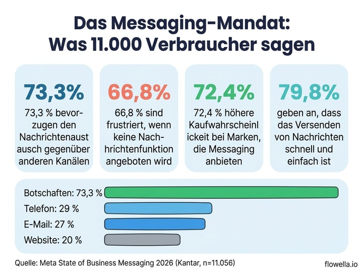 Infografik mit den wichtigsten Statistiken aus dem Bericht „State of Business Messaging 2026“ von Meta, darunter: 73,3 % bevorzugen Messaging, 66,8 % sind frustriert, wenn Messaging nicht angeboten wird, 72,4 % kaufen mit höherer Wahrscheinlichkeit und 79,8 % sagen, dass Messaging schnell und einfach ist