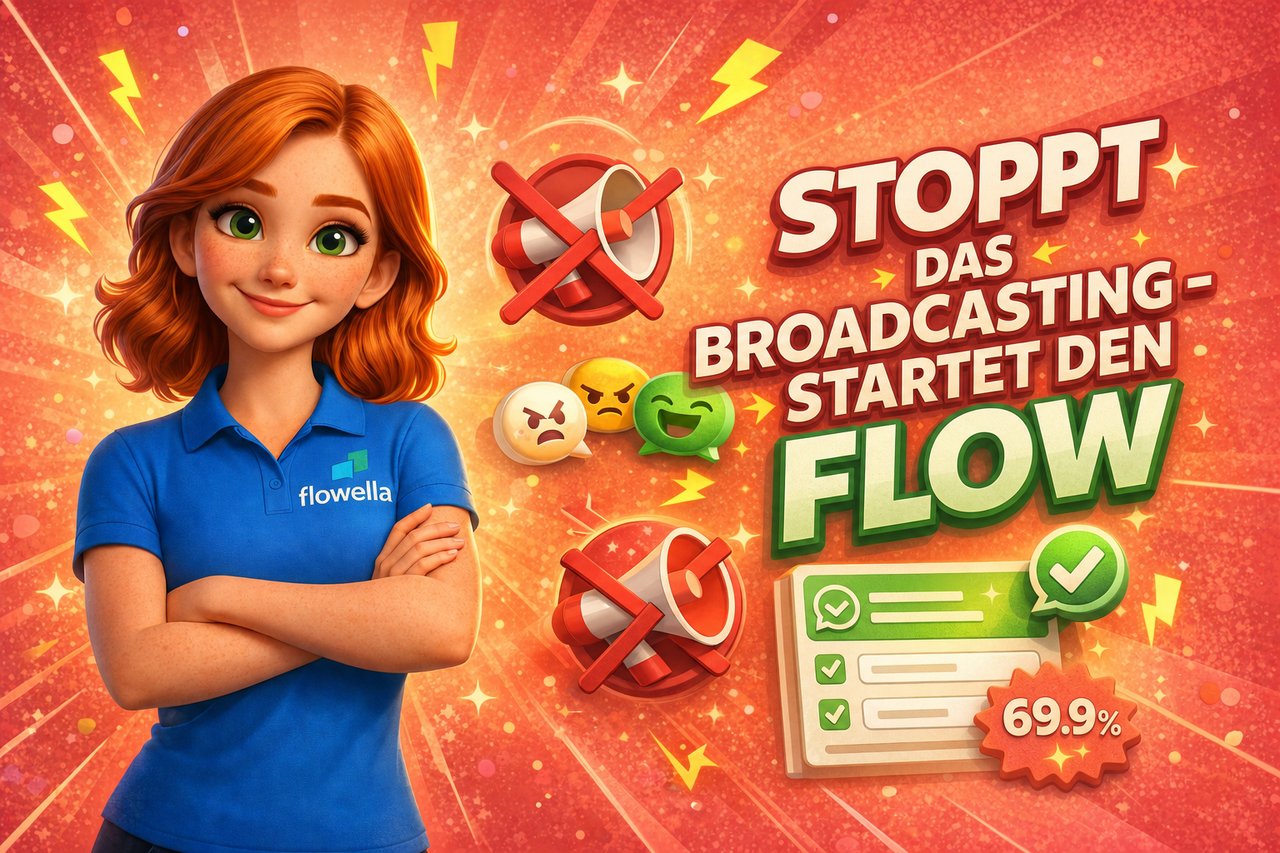 Flo-Figur mit verschränkten Armen neben dem Text „Stop Broadcasting Start Flowing“ auf korallenrotem Hintergrund mit durchgestrichenem Megafon und WhatsApp-Flow-Formularelementen
