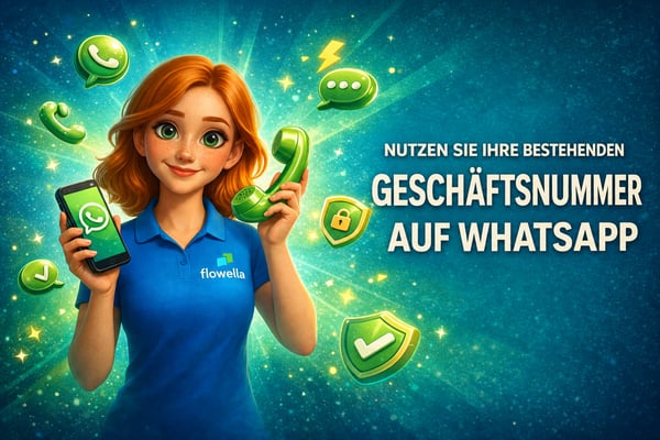 Flo, die Figur aus „Flowella“, hält in der einen Hand ein Smartphone, auf dem ein WhatsApp-Chat zu sehen ist, und in der anderen einen Retro-Telefonhörer, daneben steht der Text: „Verwende deine bestehende Geschäftsnummer auf WhatsApp“