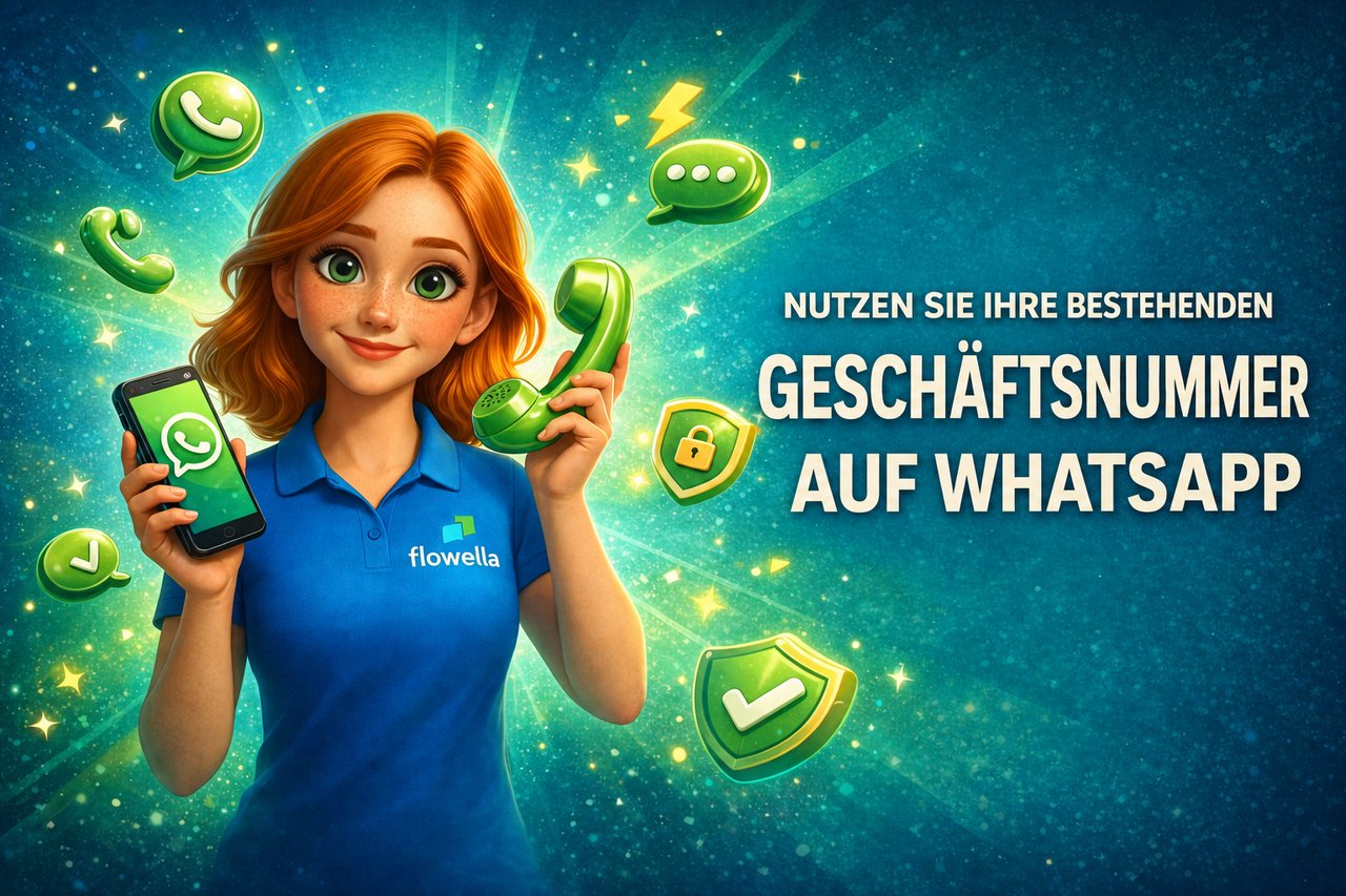 Flo, die Figur aus „Flowella“, hält in der einen Hand ein Smartphone, auf dem ein WhatsApp-Chat zu sehen ist, und in der anderen einen Retro-Telefonhörer, daneben steht der Text: „Verwende deine bestehende Geschäftsnummer auf WhatsApp“