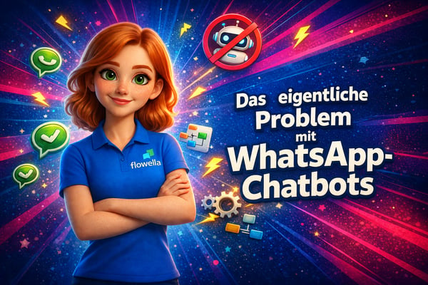 Flo, das Maskottchen von Flowella, steht selbstbewusst mit verschränkten Armen neben dem Titel „Das eigentliche Problem mit WhatsApp-Chatbots“, während Chatbot- und WhatsApp-Symbole um sie herum schweben