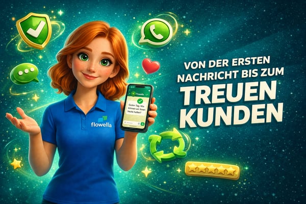 Flo, das Maskottchen von Flowella, hält ein Smartphone in der Hand, auf dessen Bildschirm ein WhatsApp-Chat mit einem Verifizierungshäkchen zu sehen ist, umgeben von einem Vertrauenssymbol, einem WhatsApp-Symbol, einem Treuekreis und einer Fünf-Sterne-Bewertung, mit der Überschrift „Von der ersten Nachricht zum treuen Kunden“ auf türkisfarbenem Hintergrund