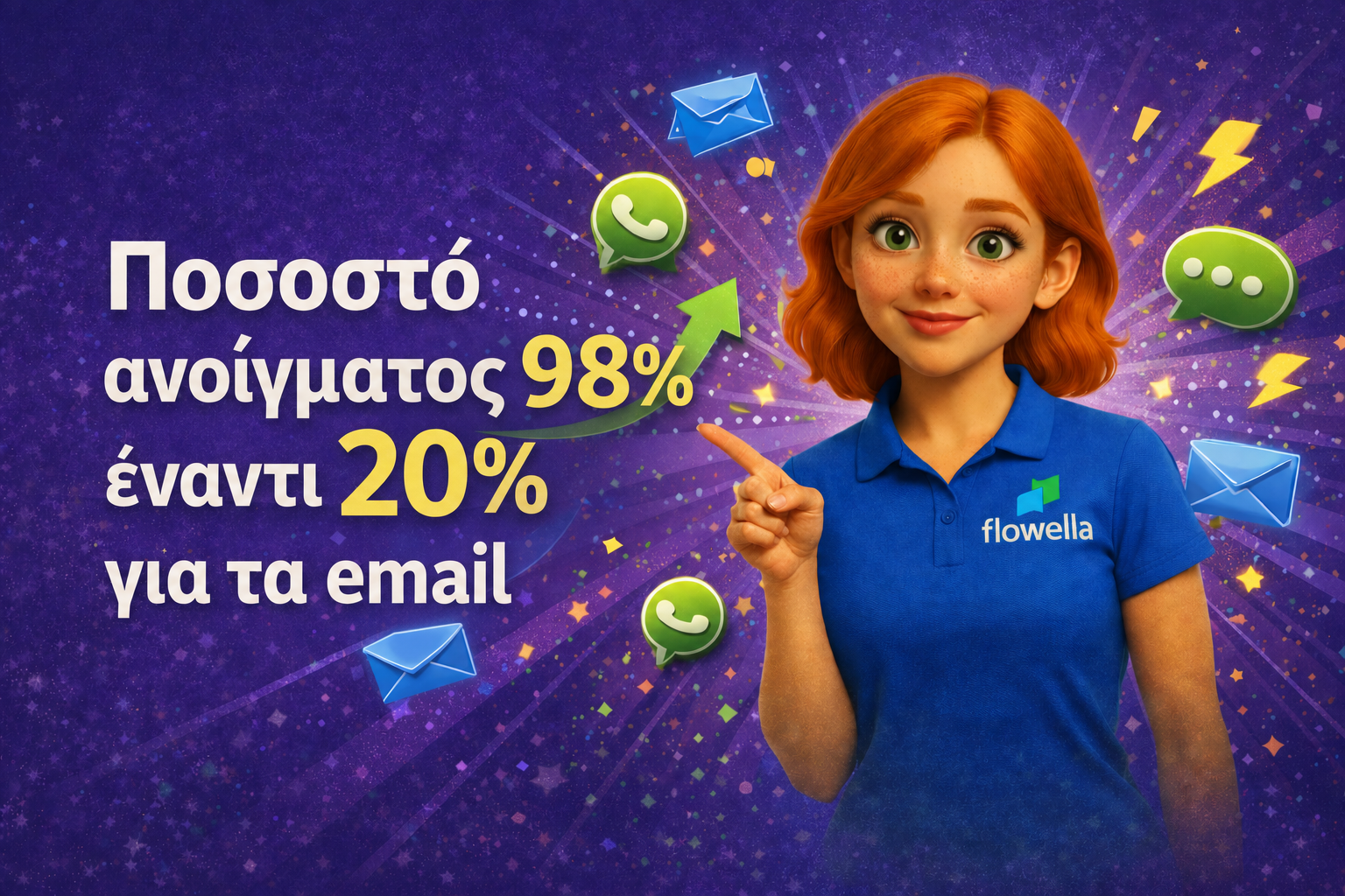 Στυλιζαρισμένοι φάκελοι email που επικαλύπτουν ένα μπαλόνι συνομιλίας του WhatsApp — απεικόνιση της αλληλεπίδρασης μέσω email σε σύγκριση με αυτή μέσω μηνυμάτων