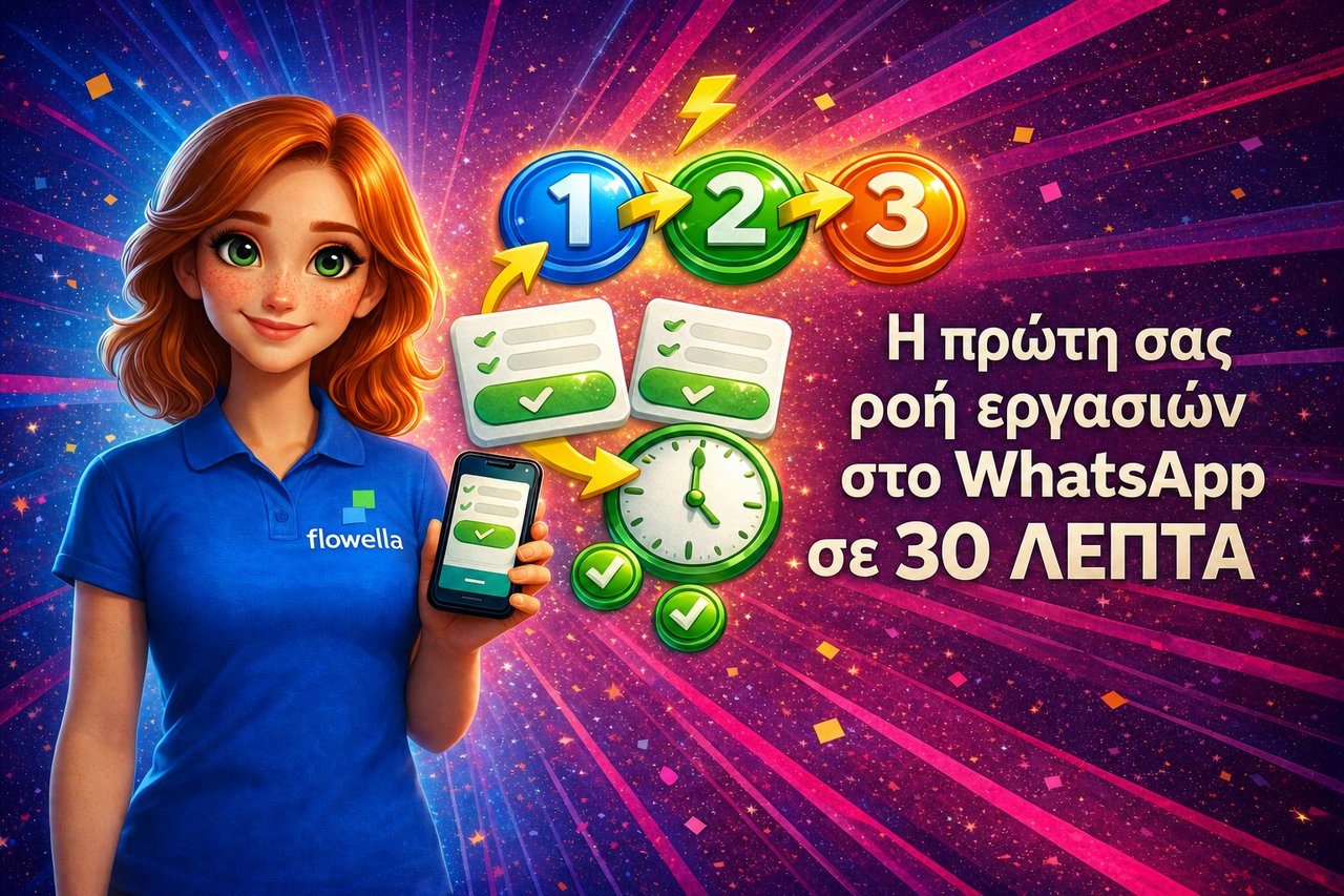 Η Flo, η μασκότ της Flowella, κρατά ένα τηλέφωνο στο οποίο εμφανίζεται μια φόρμα WhatsApp Flow, με τρία εικονίδια αριθμημένων βημάτων ροής εργασίας που συνδέονται με βέλη, ένα ρολόι 30 λεπτών, κάρτες φόρμας και πράσινα τικ πάνω σε ένα φόντο με έντονη χρωματική διαβάθμιση από μπλε προς ροζ