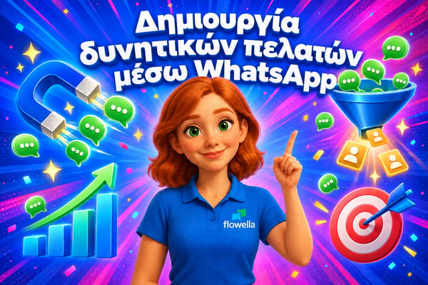 Η Flo από την Flowella δείχνει τον τίτλο «WhatsApp Lead Generation», ενώ γύρω της βρίσκονται ένας μαγνήτης, ένα χωνί και φυσαλίδες συνομιλίας που μετατρέπονται σε δυνητικούς πελάτες