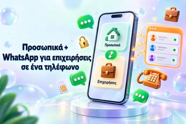 Προσωπικό και επαγγελματικό WhatsApp στο ίδιο τηλέφωνο: ένα smartphone που εναλλάσσεται μεταξύ προσωπικού και επαγγελματικού λογαριασμού, δίπλα σε ένα κοινόχρηστο εισερχόμενο της ομάδας