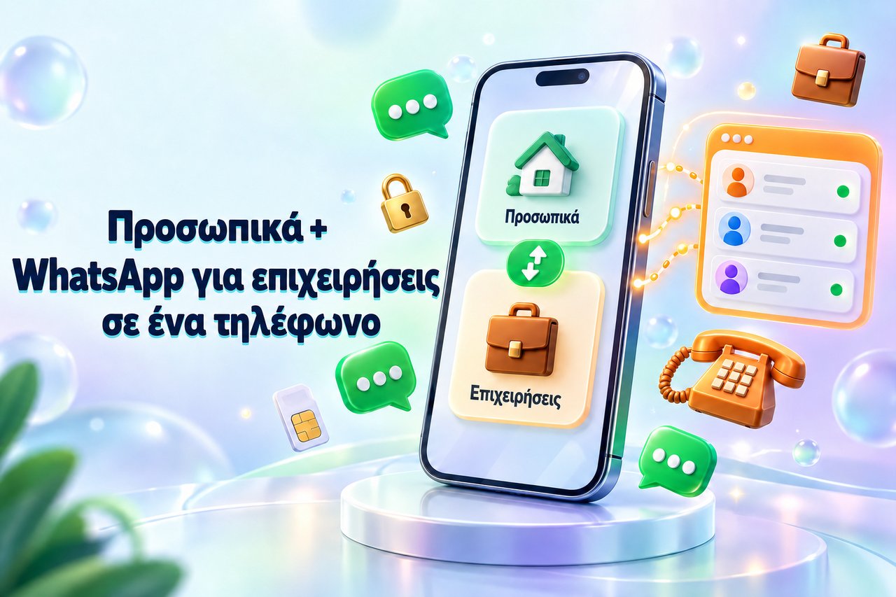 Προσωπικό και επαγγελματικό WhatsApp στο ίδιο τηλέφωνο: ένα smartphone που εναλλάσσεται μεταξύ προσωπικού και επαγγελματικού λογαριασμού, δίπλα σε ένα κοινόχρηστο εισερχόμενο της ομάδας