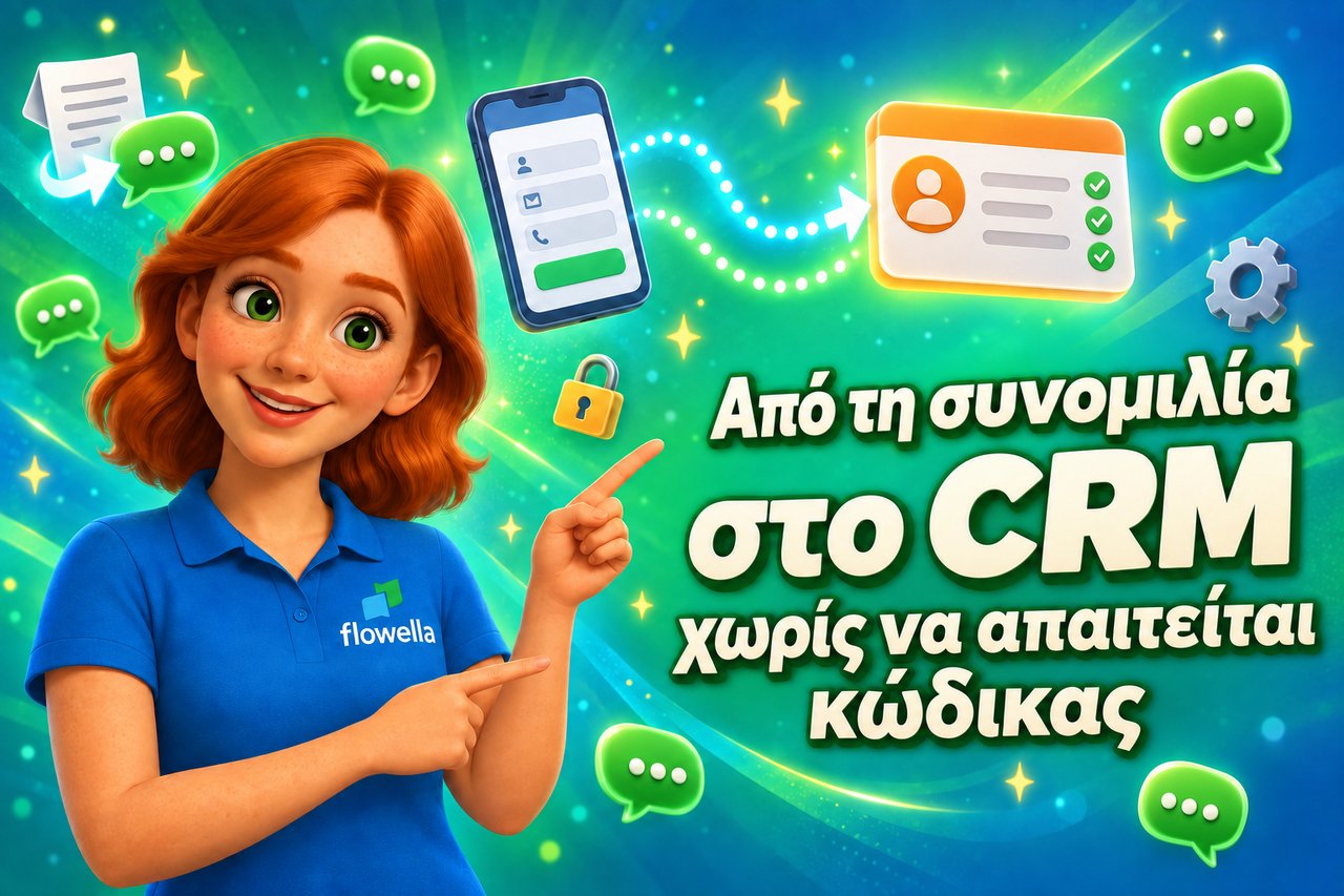 Η Flo από τη Flowella δείχνει τον τίτλο «Από το Chat στο CRM», με μια φόρμα WhatsApp Flow που συγχρονίζεται με μια κάρτα επαφής του HubSpot