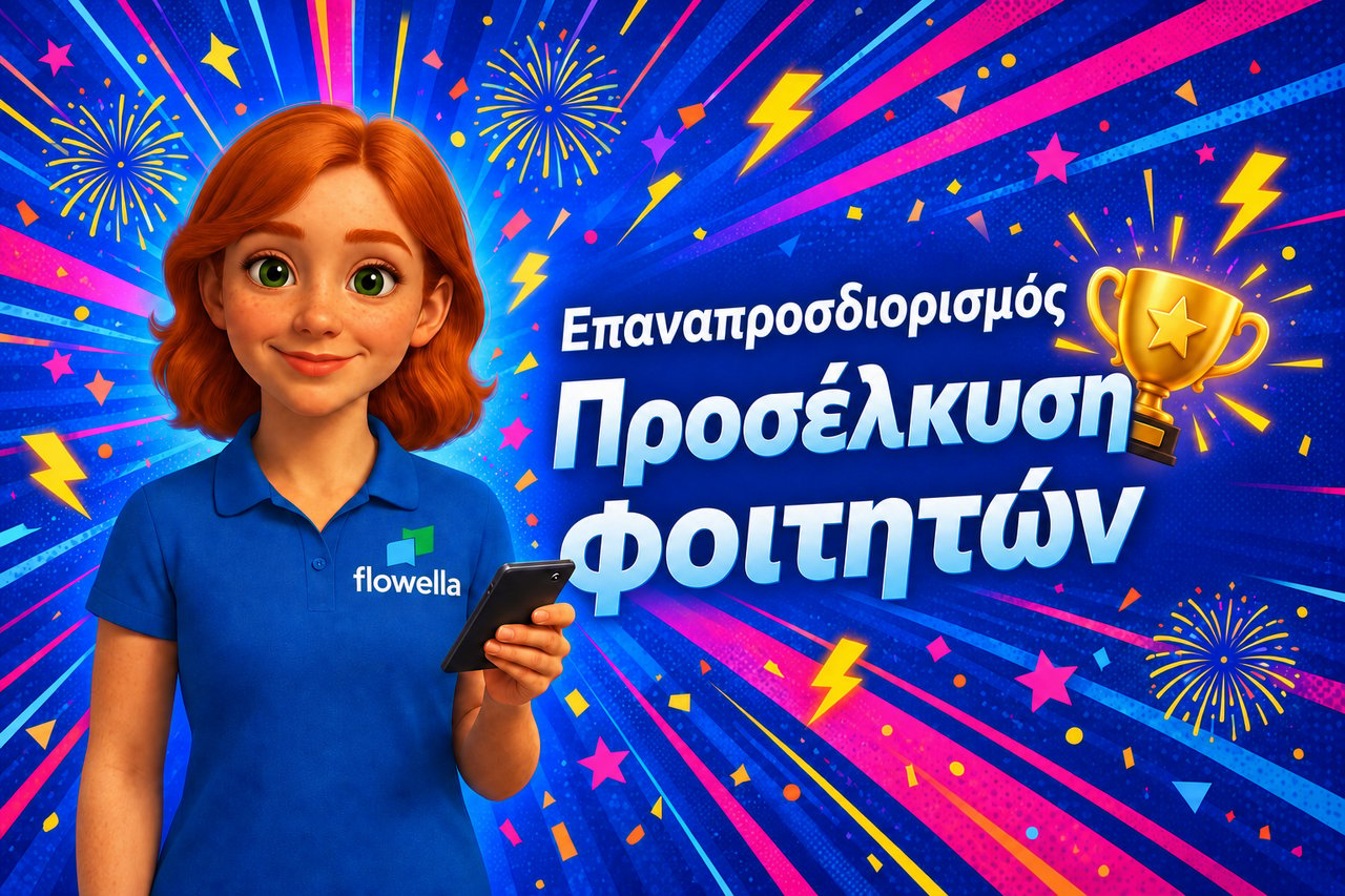Η Flo από την Flowella κρατά ένα τηλέφωνο δίπλα στον τίτλο «Re-Imagining Student Recruitment» και ένα χρυσό τρόπαιο, γιορτάζοντας τη χρήση του WhatsApp για την προσέλκυση φοιτητών