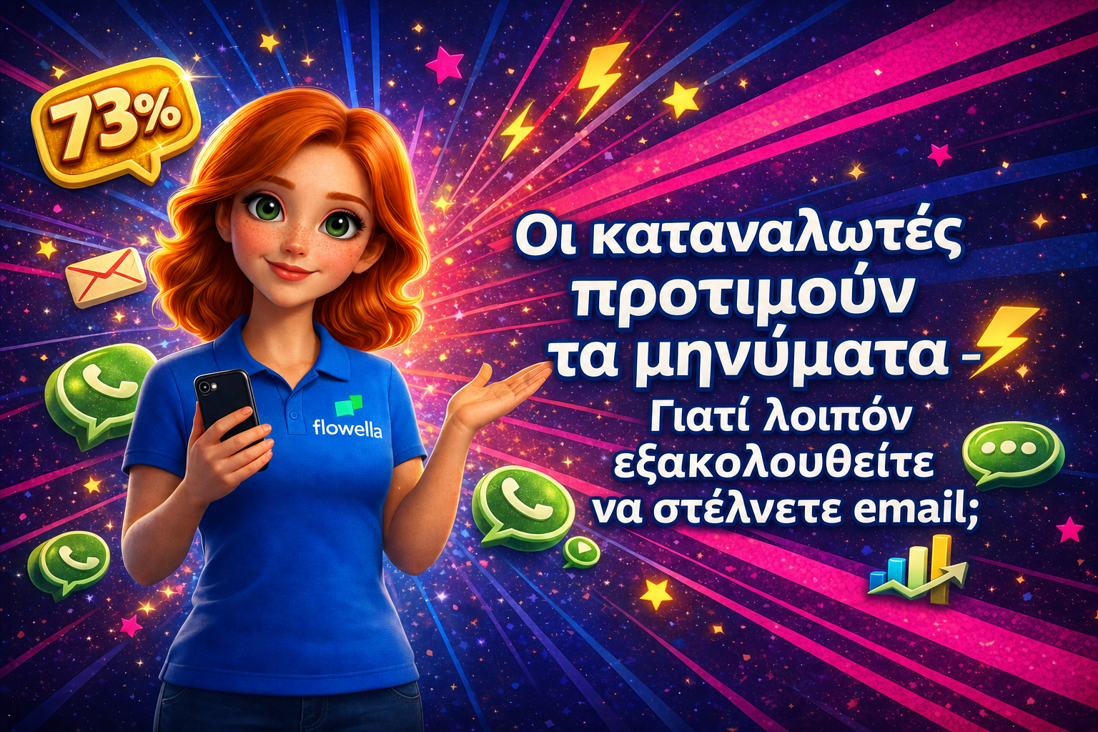 Η Flo, η μασκότ της Flowella, κρατά ένα smartphone και δείχνει προς τον τίτλο «Οι καταναλωτές προτιμούν τα μηνύματα, οπότε γιατί εξακολουθείτε να στέλνετε email;», με ένα κίτρινο μπαλόνι διαλόγου που αναγράφει «73%», εικονίδια WhatsApp και φακέλους email που αιωρούνται πάνω σε ένα φόντο με έντονη χρωματική διαβάθμιση από μπλε σε ροζ.