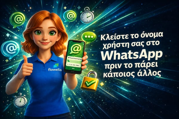 Κλείστε το όνομα χρήστη σας στο WhatsApp Business πριν το πάρει κάποιος άλλος: Η Flo κρατά ένα τηλέφωνο στο οποίο εμφανίζεται ένα @ handle