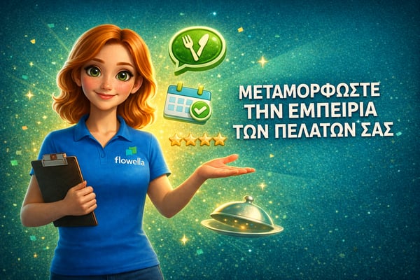 Η Flo, η μασκότ της Flowella, κρατά ένα μπλοκ σημειώσεων και δείχνει προς τον τίτλο «Μεταμορφώστε την εμπειρία των πελατών σας», με εικονίδια εστιατορίου και WhatsApp Flows να αιωρούνται γύρω της σε ένα λαμπερό φόντο χρώματος τεαλ.