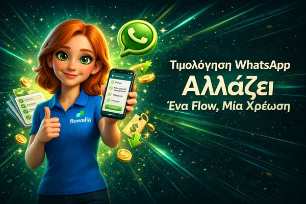 Η Flo κρατά ένα τηλέφωνο στο οποίο εμφανίζεται μια φόρμα του WhatsApp Flow, με τη φράση «Οι τιμές του WhatsApp αλλάζουν: Ένα Flow, μία χρέωση»
