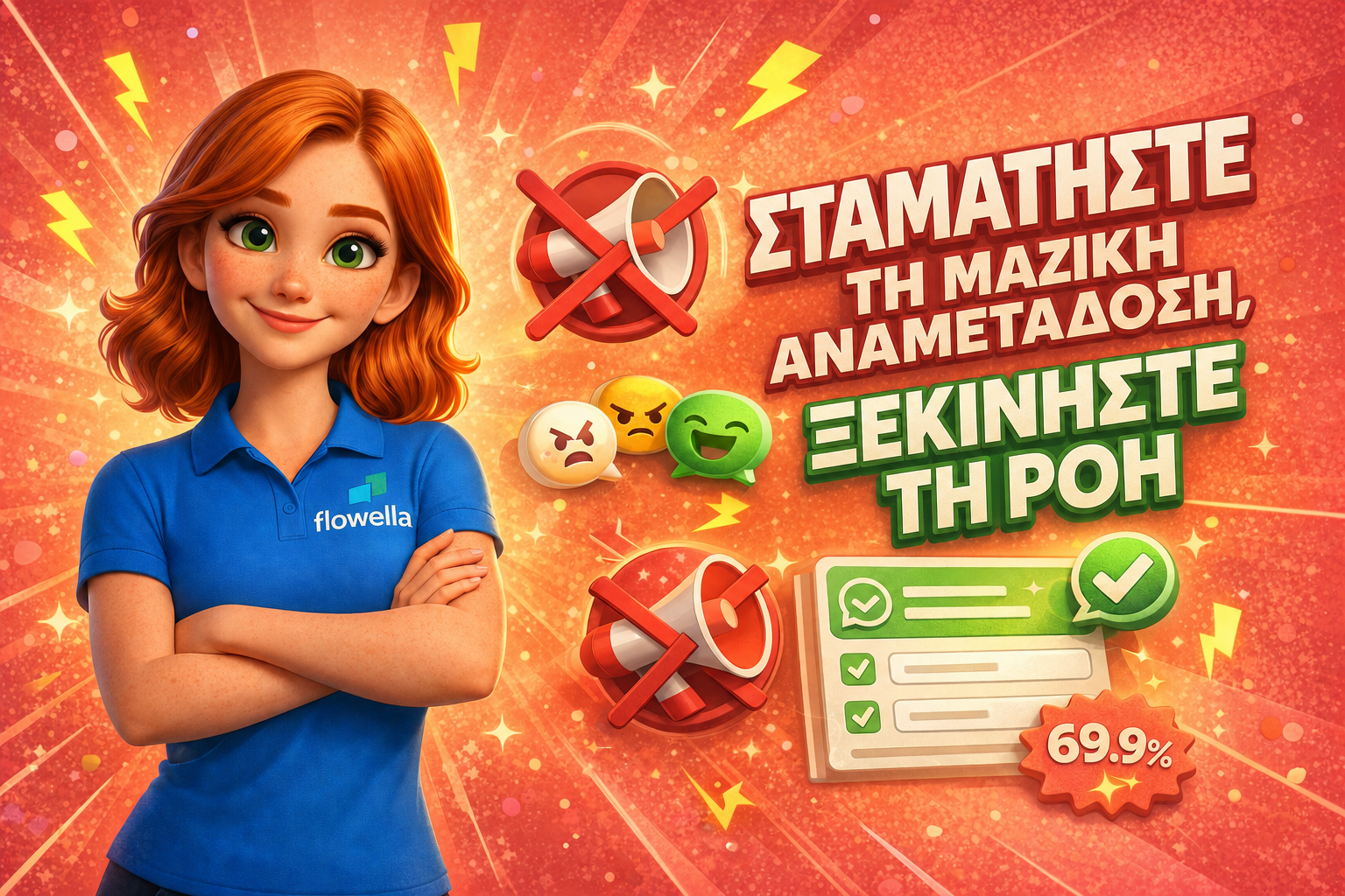 Χαρακτήρας Flo με σταυρωμένα χέρια δίπλα στο κείμενο Stop Broadcasting Start Flowing σε κοραλλί φόντο με διαγραμμένο μεγάφωνο και στοιχεία φόρμας WhatsApp Flow