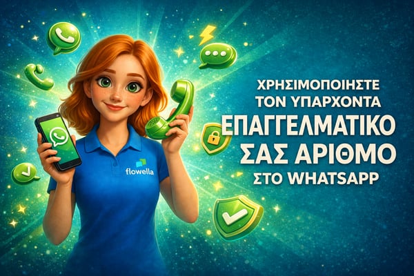 Η Flo, η ηρωίδα της σειράς «Flowella», κρατάει στο ένα χέρι ένα smartphone στο οποίο εμφανίζεται μια συνομιλία στο WhatsApp και στο άλλο ένα ρετρό ακουστικό τηλεφώνου, δίπλα στις λέξεις «Χρησιμοποιήστε τον υπάρχοντα επαγγελματικό σας αριθμό στο WhatsApp»