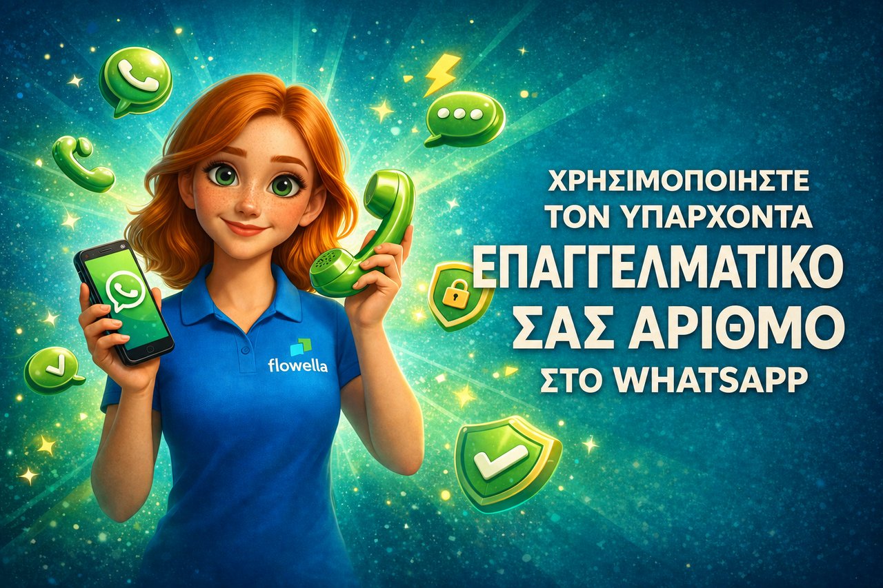 Η Flo, η ηρωίδα της σειράς «Flowella», κρατάει στο ένα χέρι ένα smartphone στο οποίο εμφανίζεται μια συνομιλία στο WhatsApp και στο άλλο ένα ρετρό ακουστικό τηλεφώνου, δίπλα στις λέξεις «Χρησιμοποιήστε τον υπάρχοντα επαγγελματικό σας αριθμό στο WhatsApp»