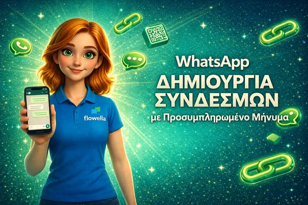 Banner με τον ήρωα της Flowella για τη δημιουργία συνδέσμων WhatsApp, όπου ο Flo κρατά ένα τηλέφωνο στο οποίο εμφανίζεται ένα προ-συμπληρωμένο μήνυμα WhatsApp
