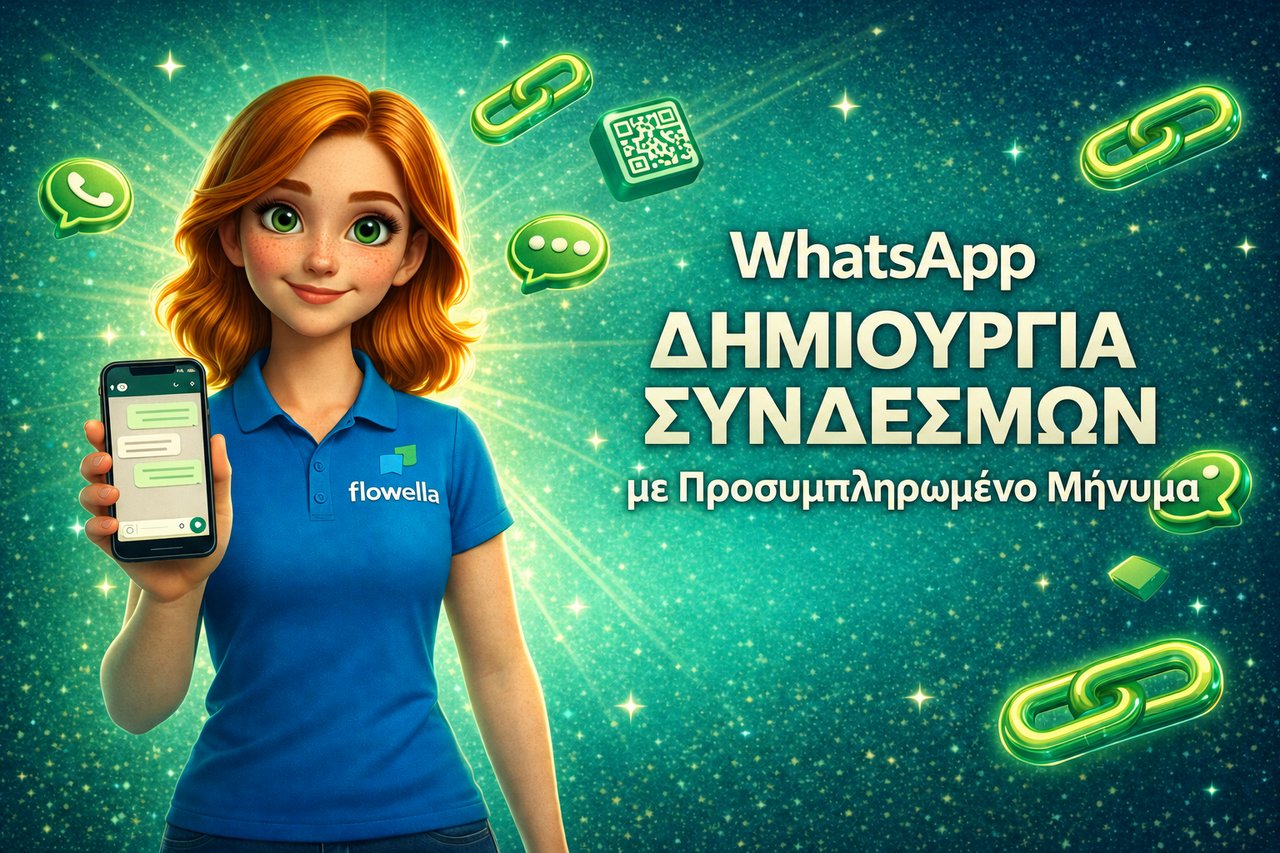 Banner με τον ήρωα της Flowella για τη δημιουργία συνδέσμων WhatsApp, όπου ο Flo κρατά ένα τηλέφωνο στο οποίο εμφανίζεται ένα προ-συμπληρωμένο μήνυμα WhatsApp