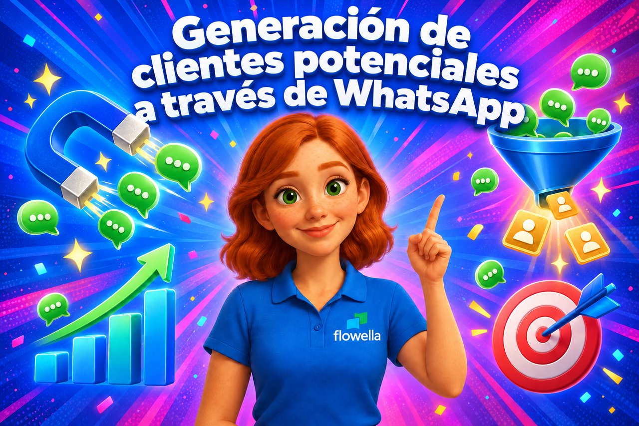 Flo, de Flowella, señala el titular «Generación de clientes potenciales en WhatsApp», rodeada de un imán, un embudo y burbujas de chat que se convierten en clientes potenciales.