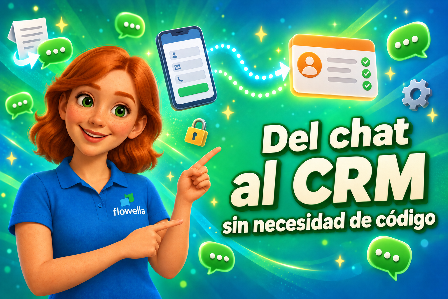 Flo, de Flowella, señala el titular «Del chat al CRM», con un formulario de WhatsApp Flow sincronizado con una ficha de contacto de HubSpot.