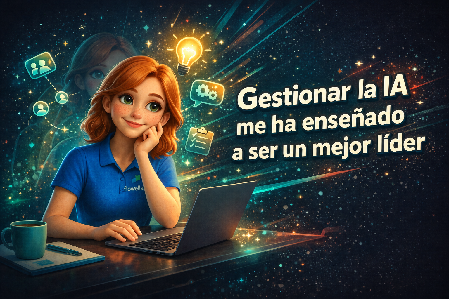 Gestionar la IA me enseñó a ser mejor líder - Personaje de Flo en el escritorio con portátil e iconos de liderazgo