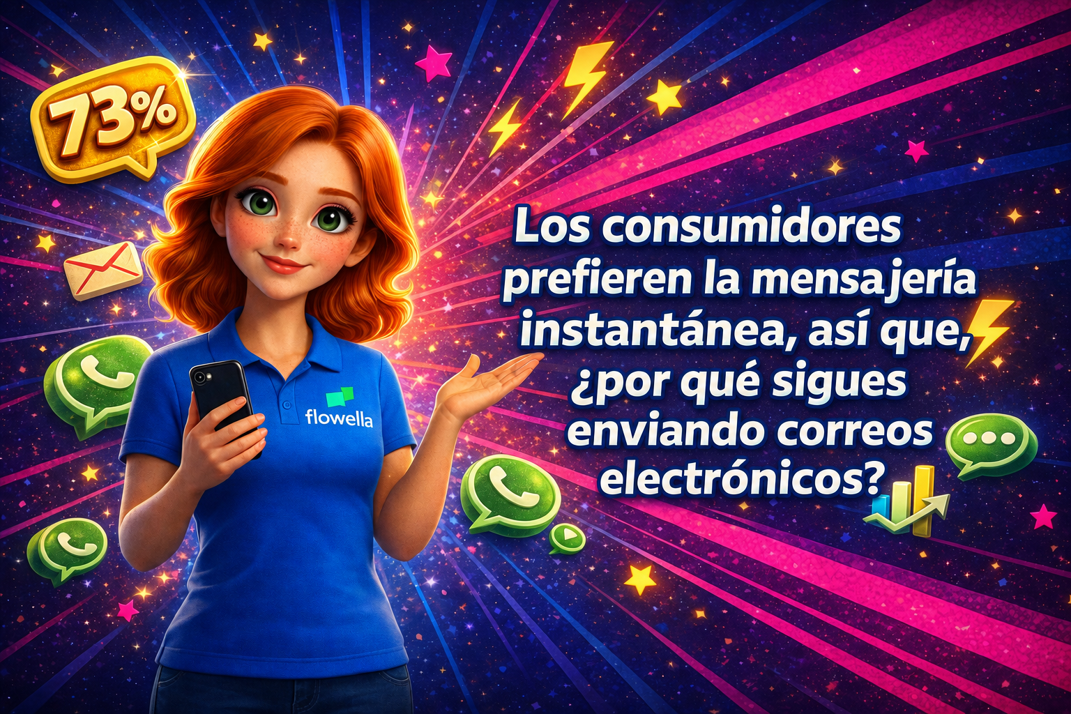 Flo, la mascota de Flowella, sostiene un smartphone y señala con un gesto el título «Los consumidores prefieren la mensajería, así que, ¿por qué sigues enviando correos electrónicos?», con un bocadillo amarillo que indica «73 %», iconos de WhatsApp y sobres de correo electrónico flotando sobre un fondo con un vibrante degradado de azul a rosa.